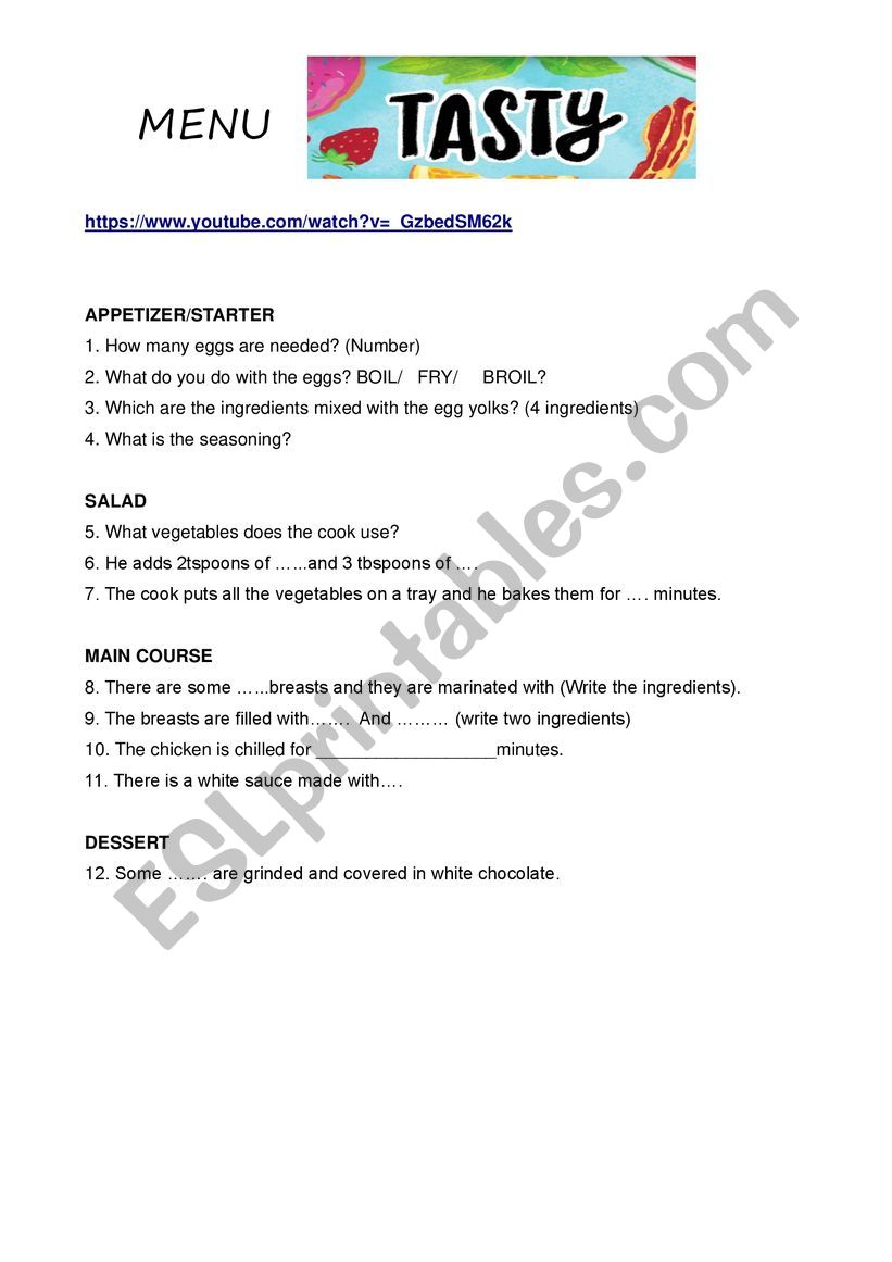 TASTY MENU worksheet