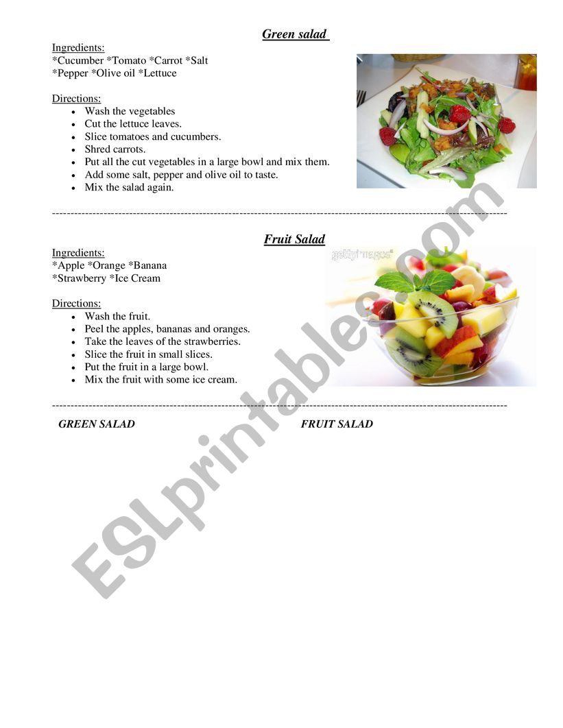 SALADS RECIPE worksheet