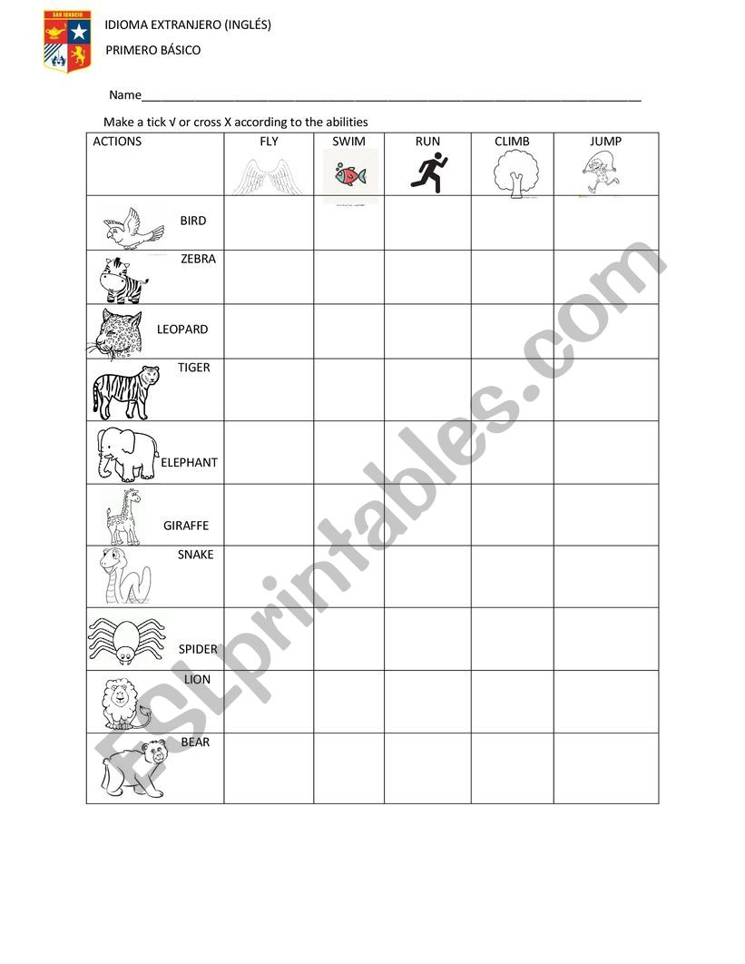 Animals action chart worksheet