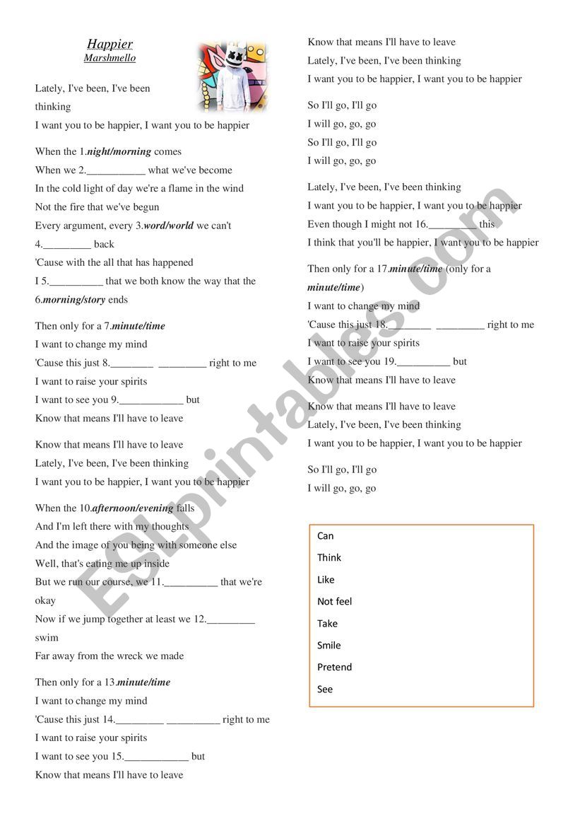 Song Happier by Marshmello to practice verbs