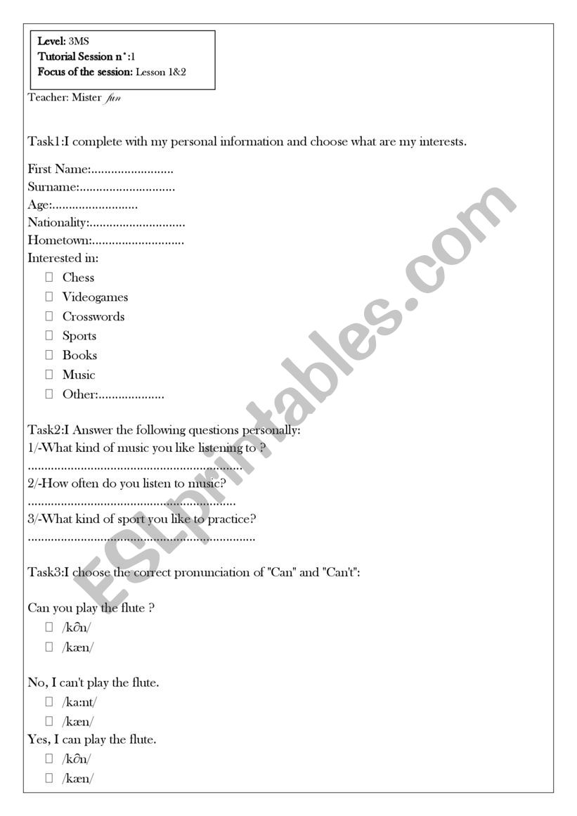 Tutorial Session  worksheet