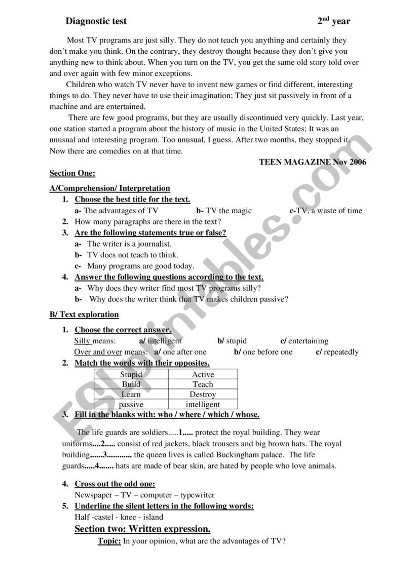 diagnostic test worksheet