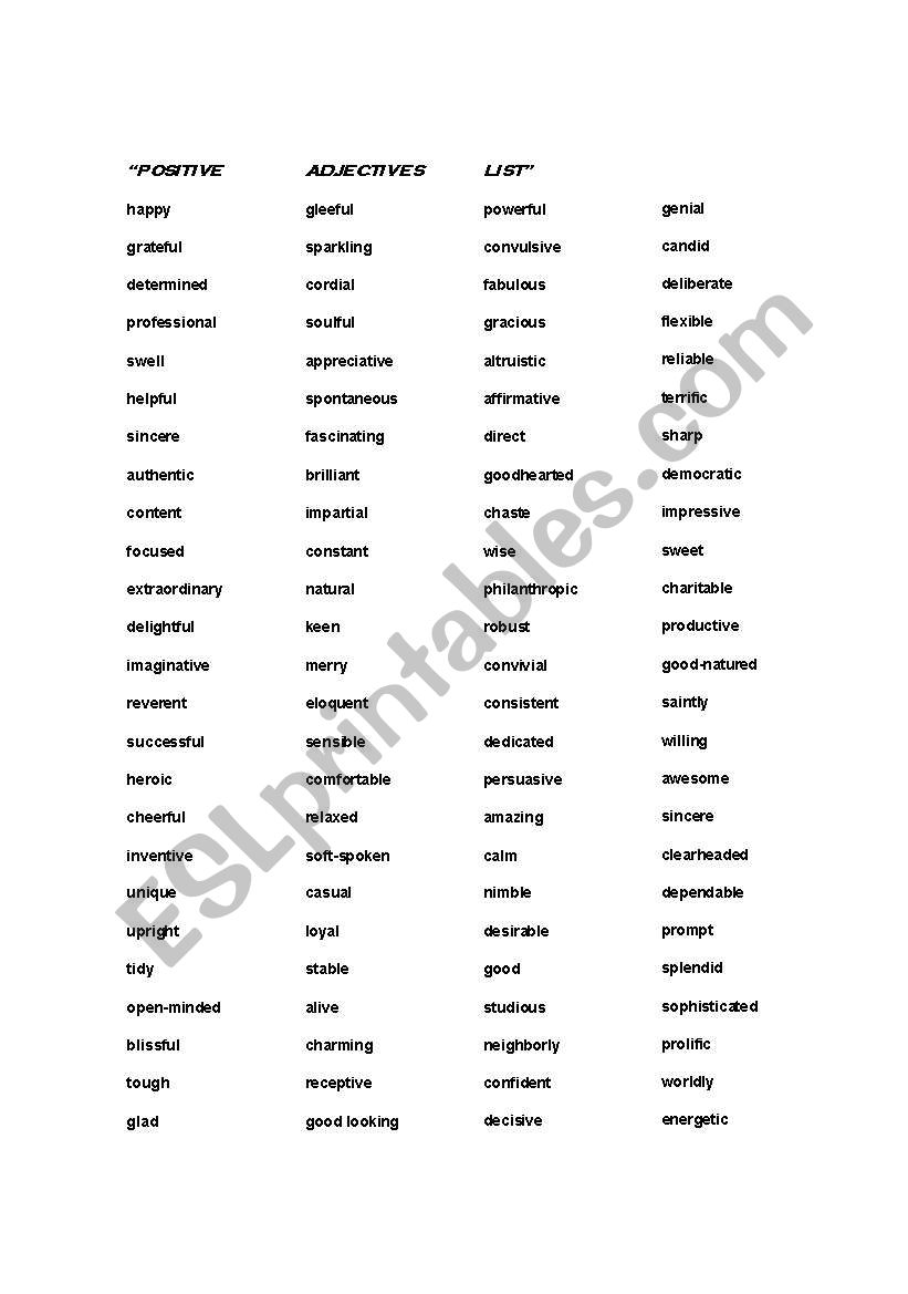 Positive adjectives list worksheet