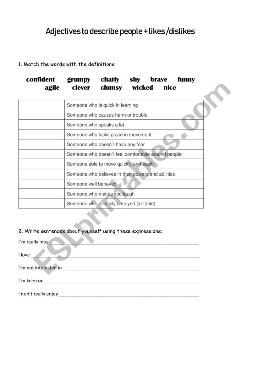 Adjectives to describe people worksheet