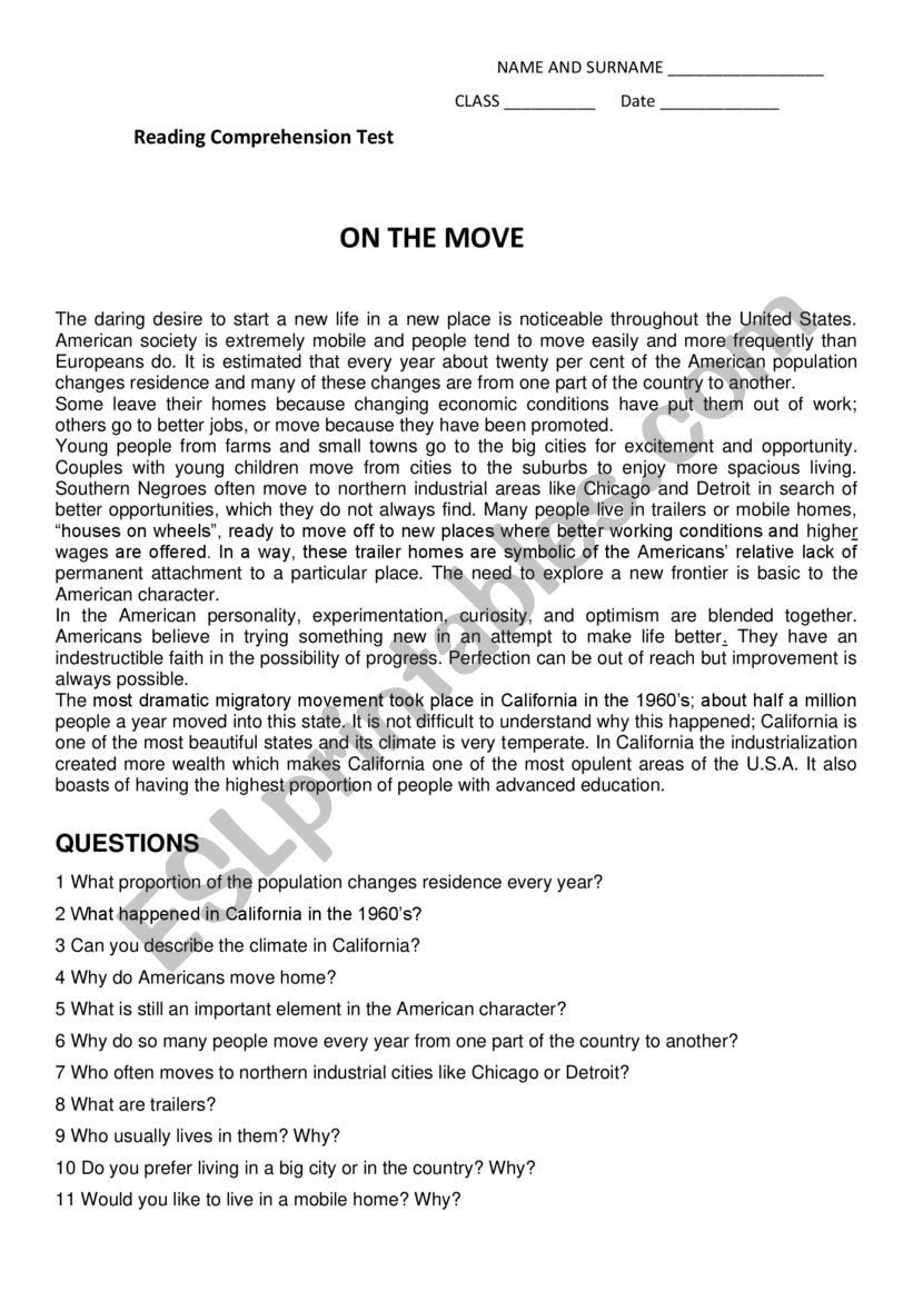On the move worksheet