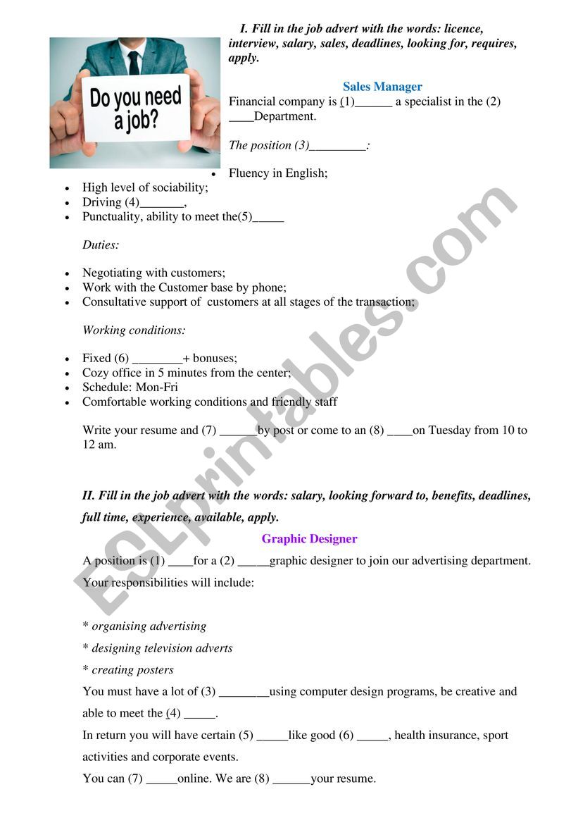 Job adverts gap filling worksheet