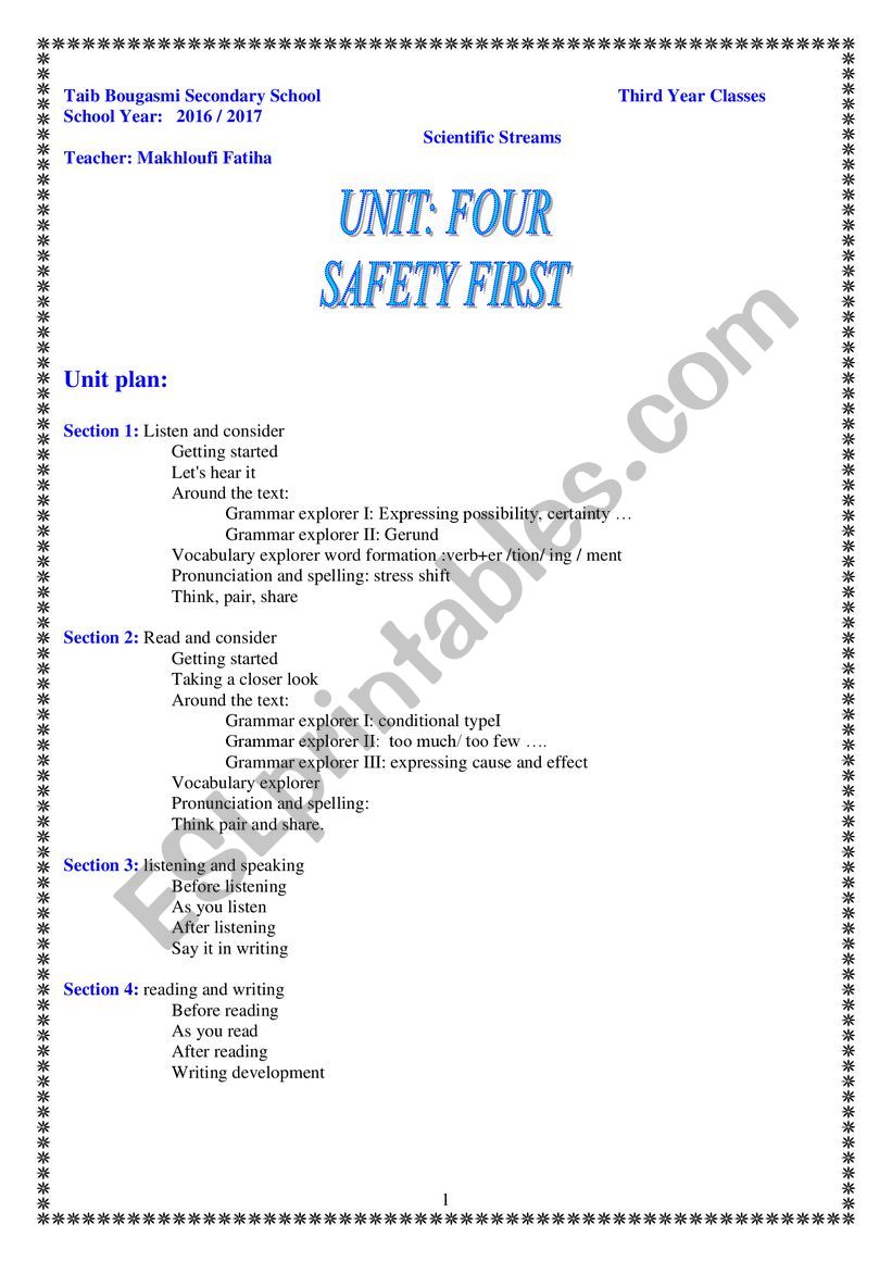 unit 3 safety first worksheet
