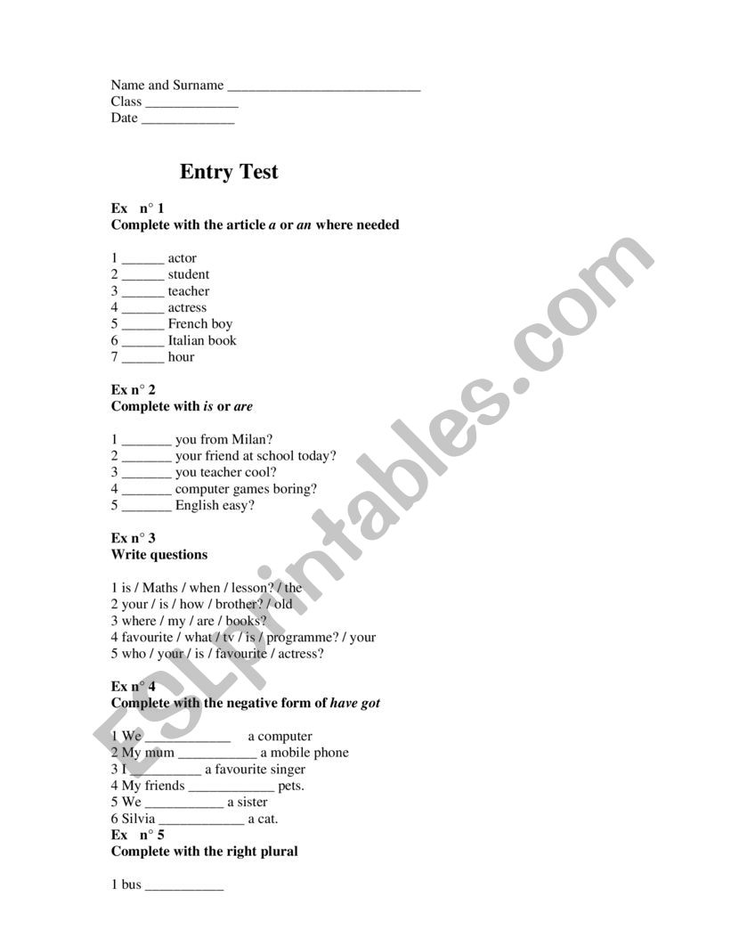 entry test worksheet