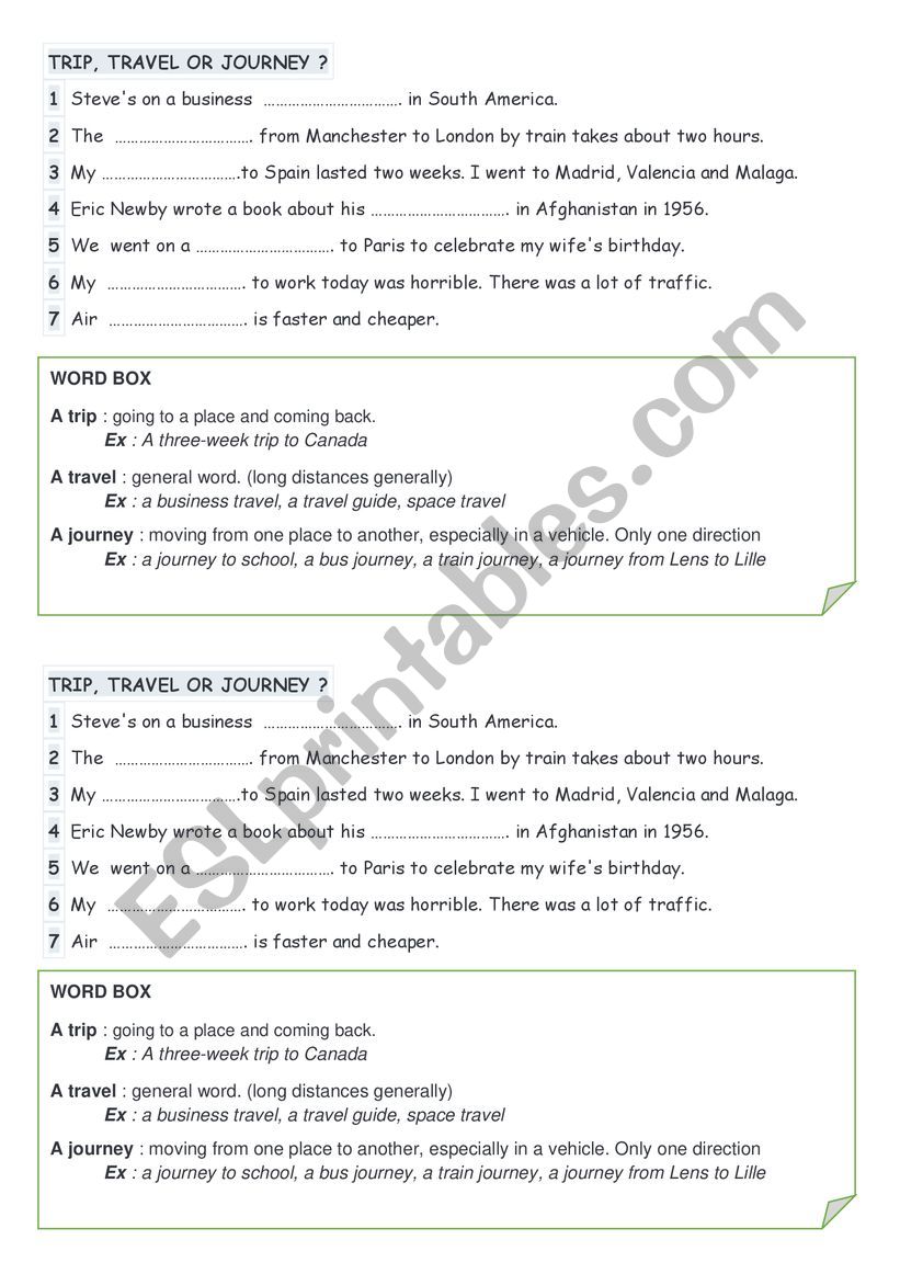 TRIP TRAVEL OR JOURNEY worksheet