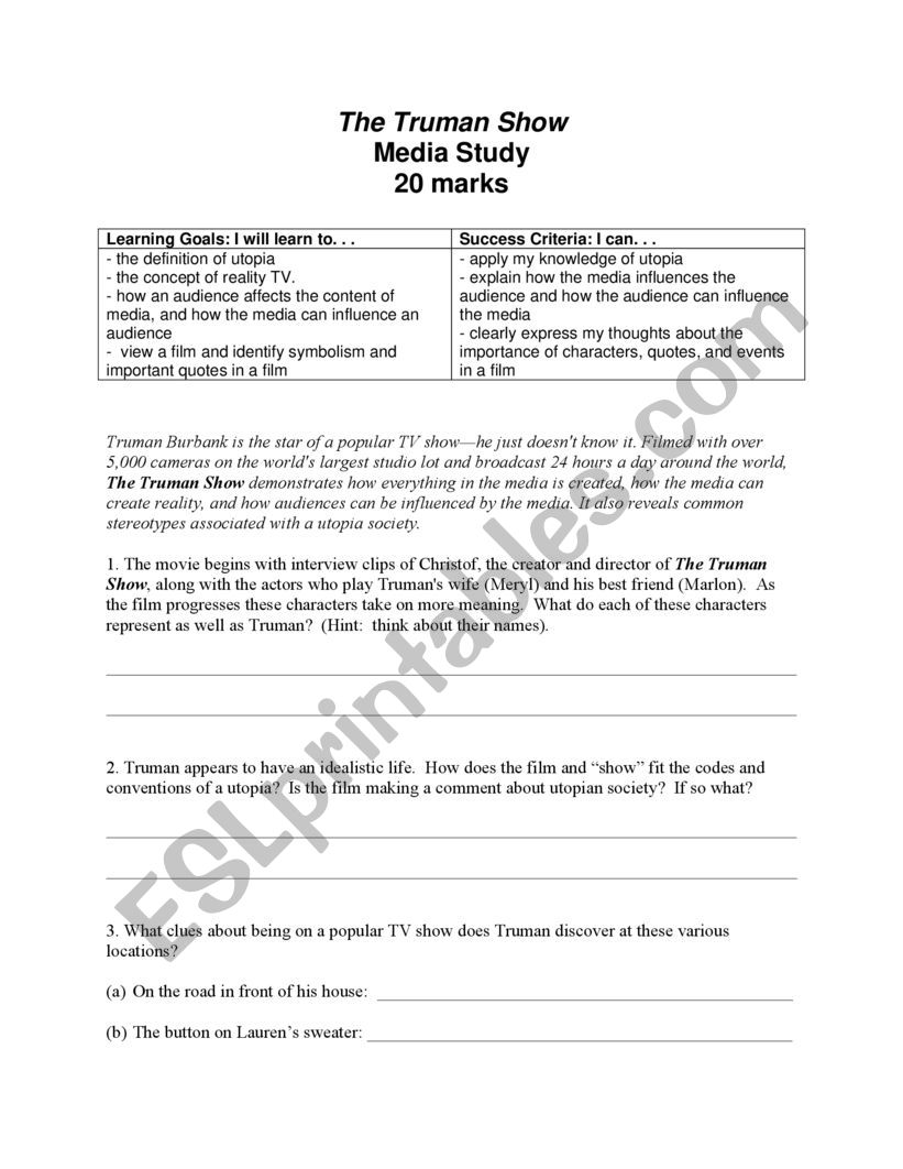 TRUMAN SHOW worksheet