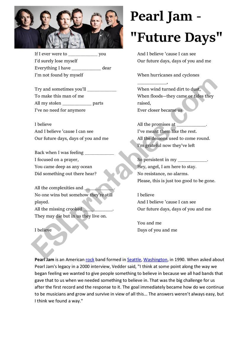 Future Days song worksheet