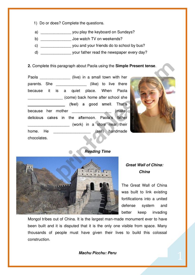simple present tense and reading seven wonders