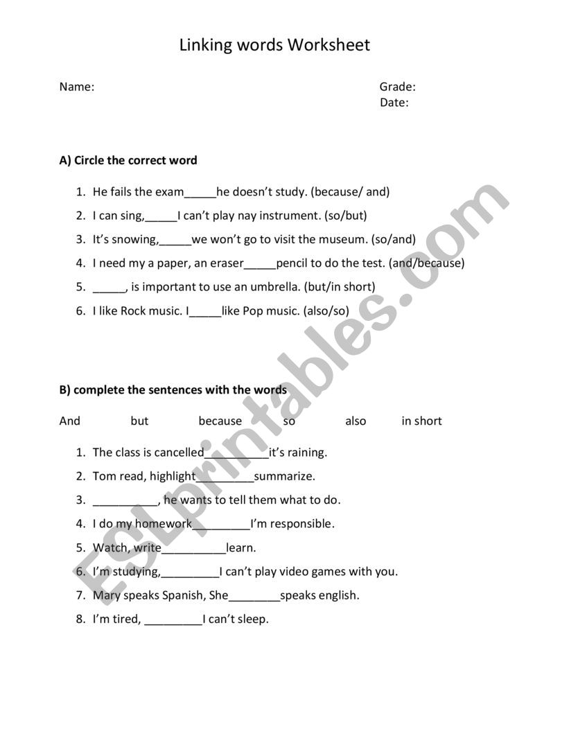 linking words worksheet