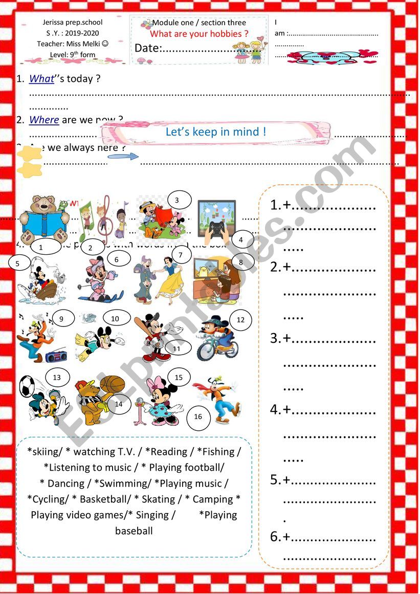 whats your favourite hobby? worksheet
