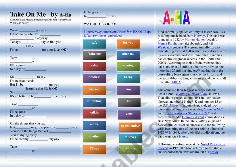 A_ha take on me worksheet