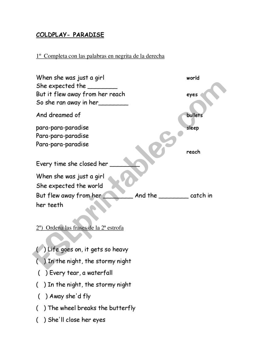 Coldplay paradise worksheet