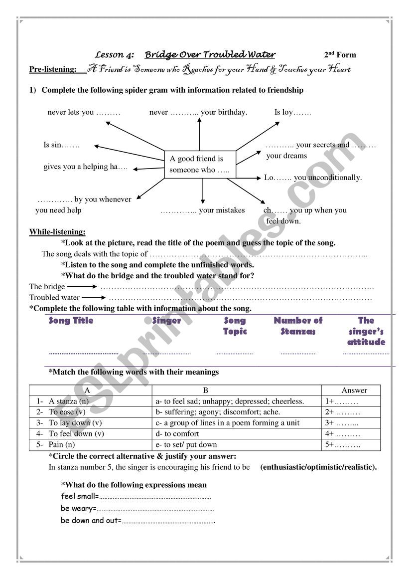 Bridge over troubled water worksheet