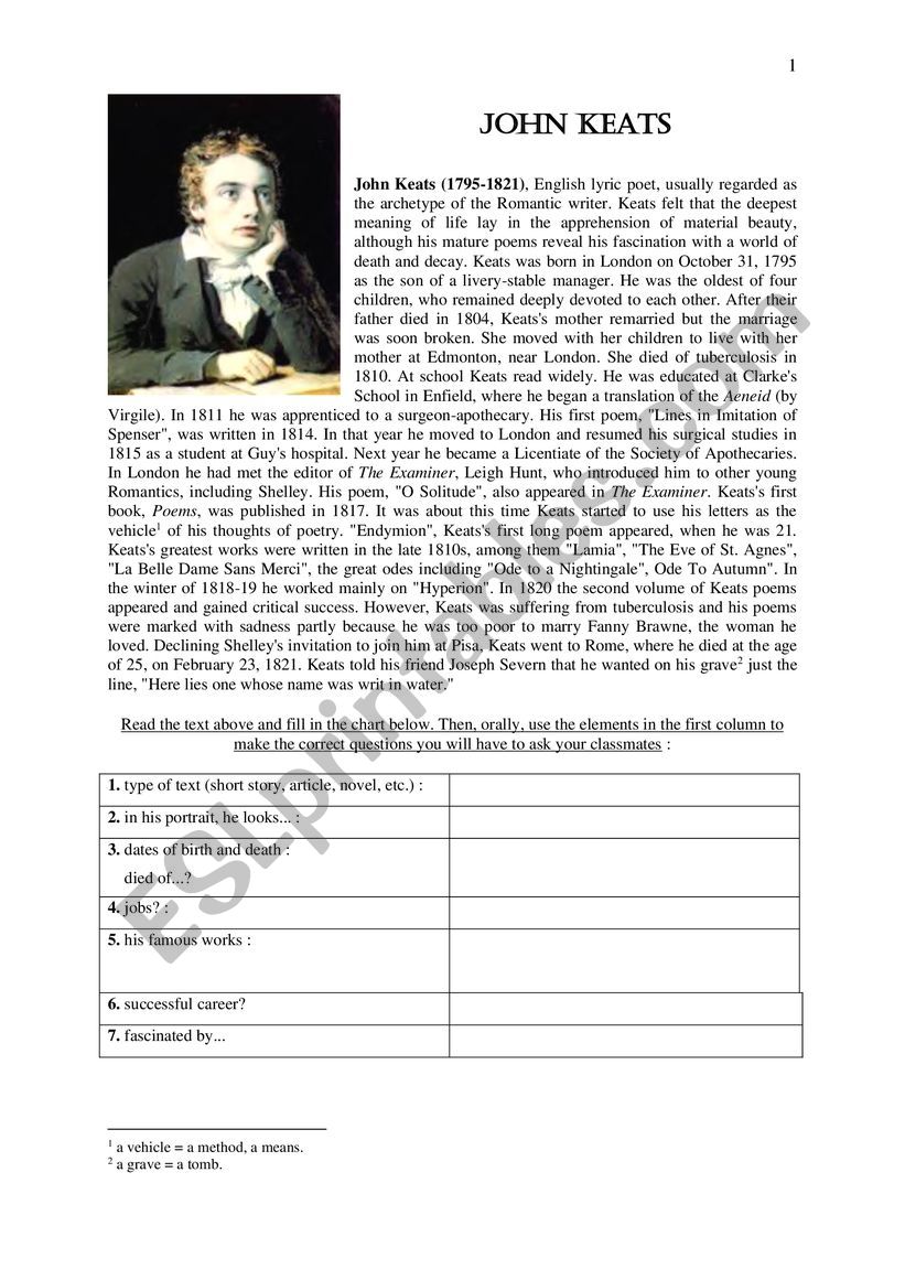 A famous poem by John Keats worksheet