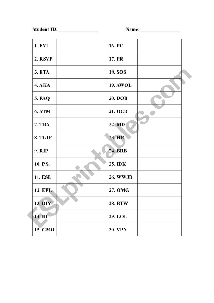 Acronym worksheet