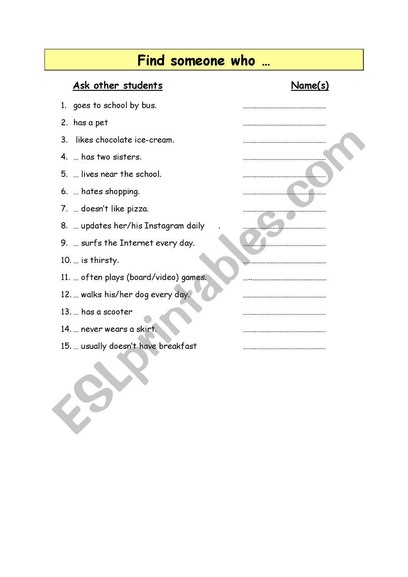 Find someone who A1 level worksheet Find someone who A1 level worksheet