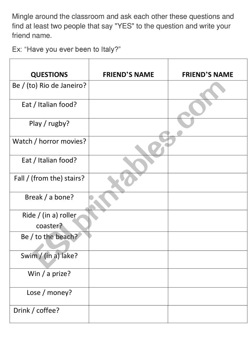 CLASS SURVEY - PRESENT PERFECT