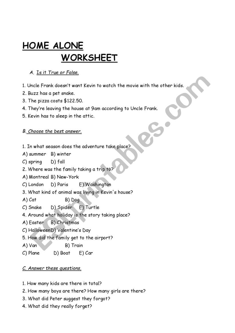 Home Alone worksheet