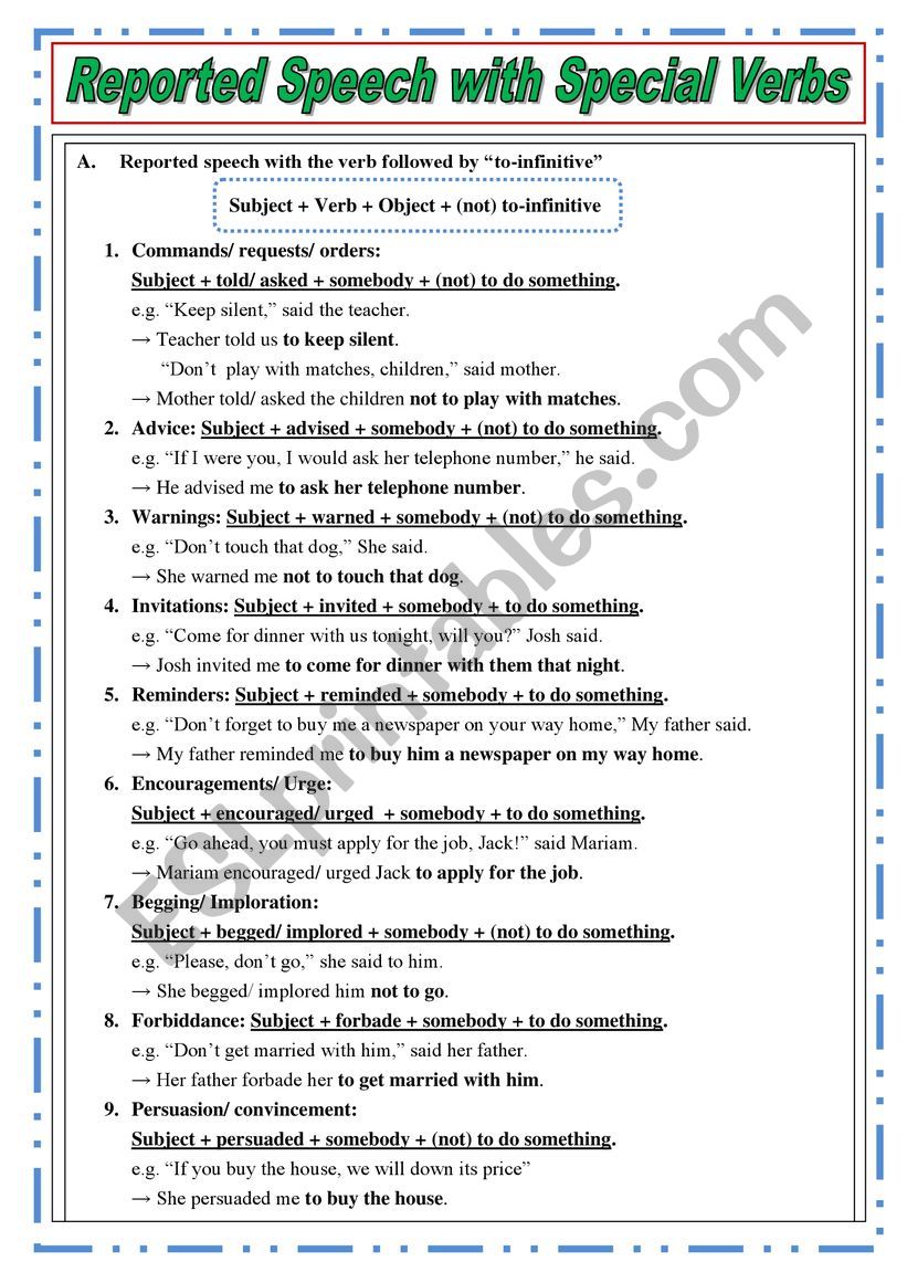 Reported speech with special verbs