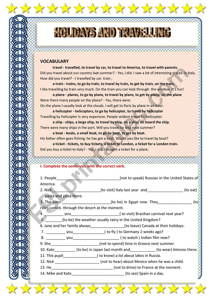 HOLIDAYS AND TRAVELLING worksheet