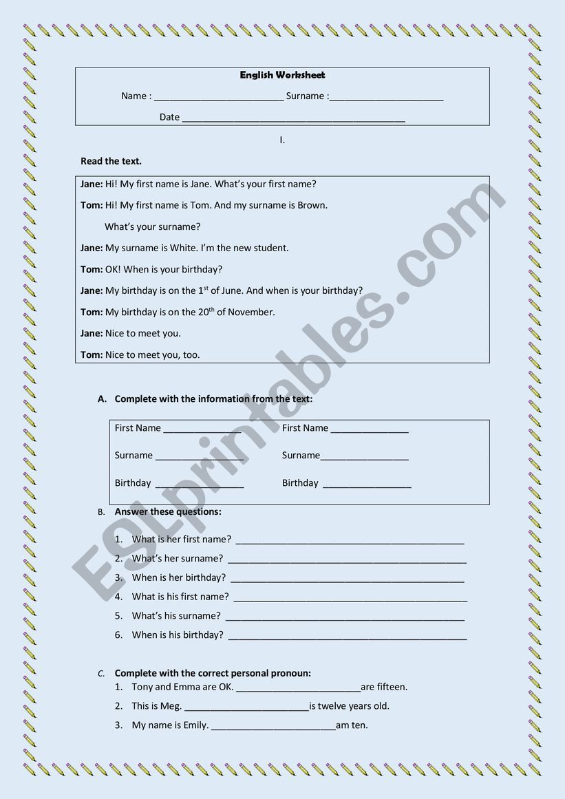 English first test  worksheet