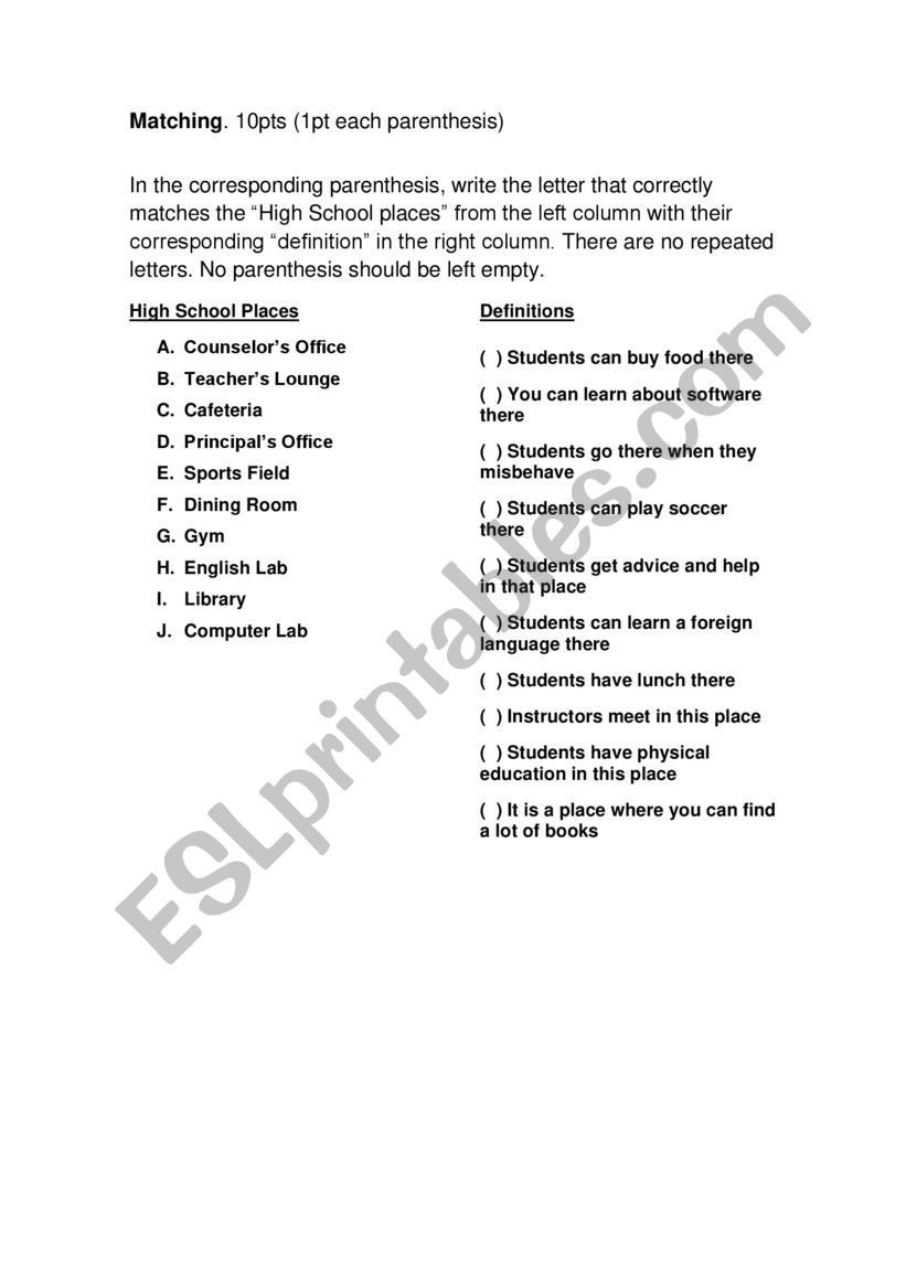 High School Places Matching Worksheet