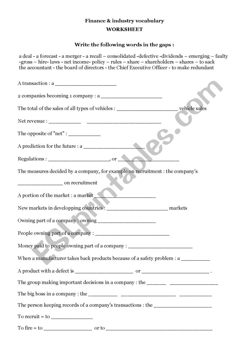 Finance & industry Worksheet and Test