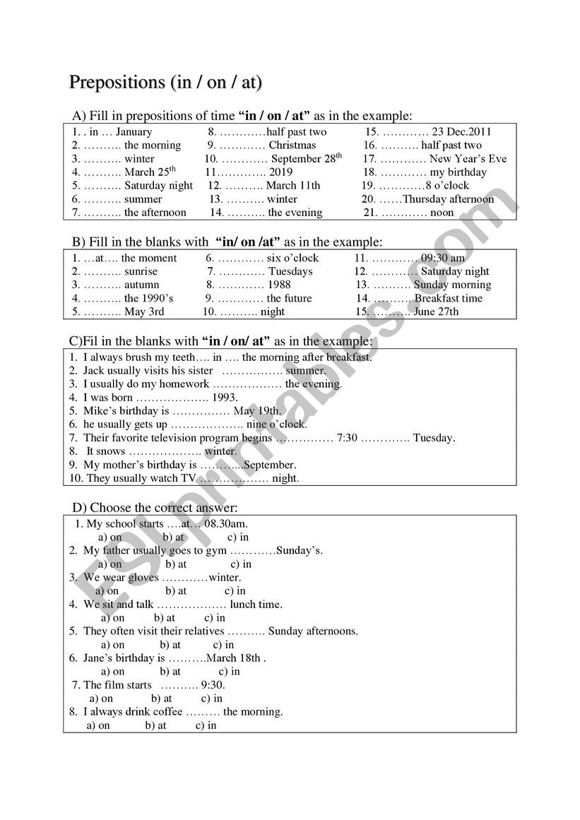 PREPOSITIONS  worksheet