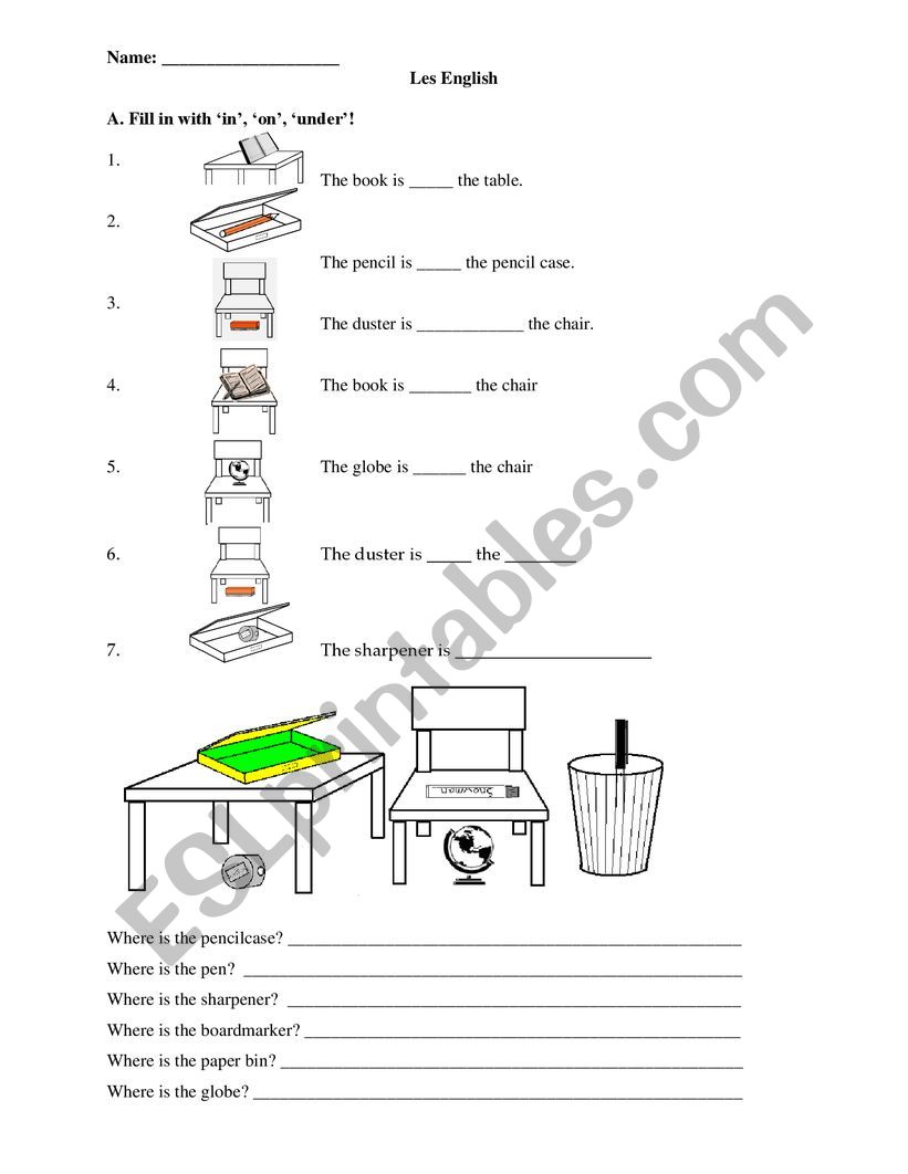 In on under worksheet