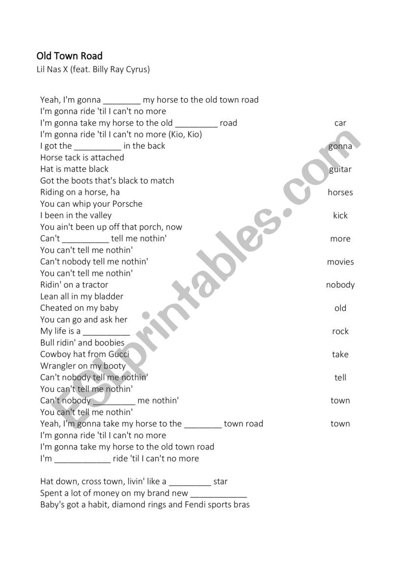 Song -  Old Town Road worksheet