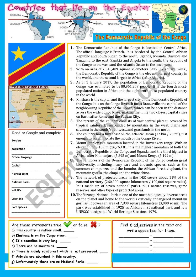 Everything about the Democratic Republic of the Congo (on the Equator).  Reading and/or web-search. + KEY
