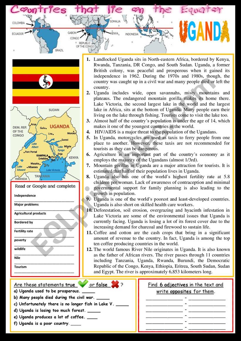 Everything about Uganda (on the Equator).  Reading and/or web-search. + KEY