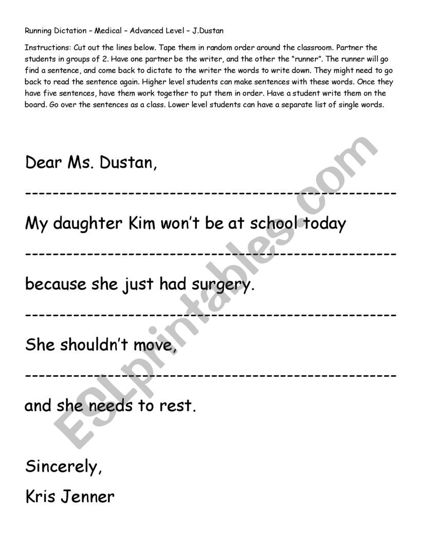 Running Dictation Game worksheet