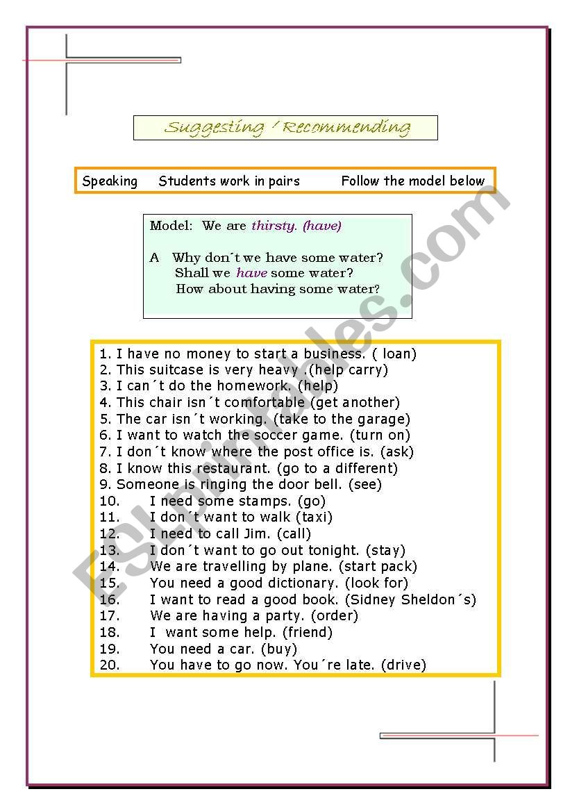 Suggesting Why don´t we...? Shall I ...? How about ...? - ESL worksheet ...