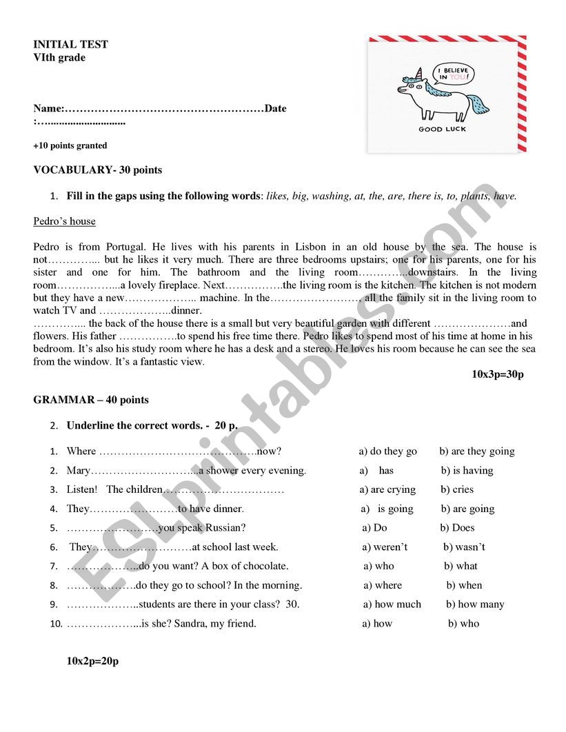 Initial test for 6th grade worksheet