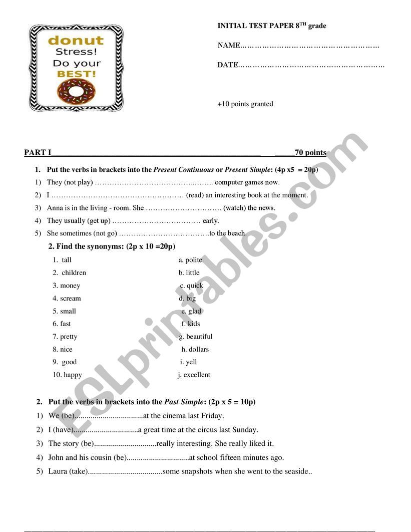 Initial test for 8th grade worksheet