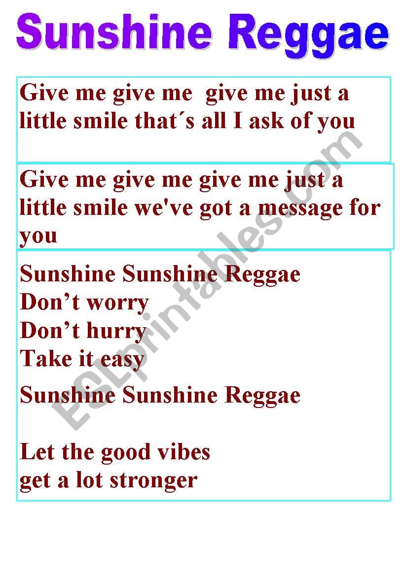 SONG - The ultimate summer song SUNSHINE REGGAE ( video + jigsaw exercises on page 2) plain complete version