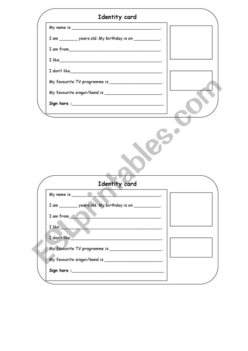 identity cards worksheet