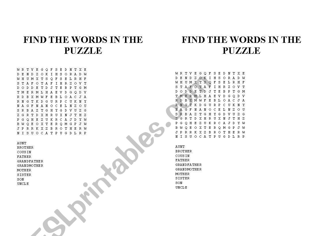 Find the words in the puzzle worksheet