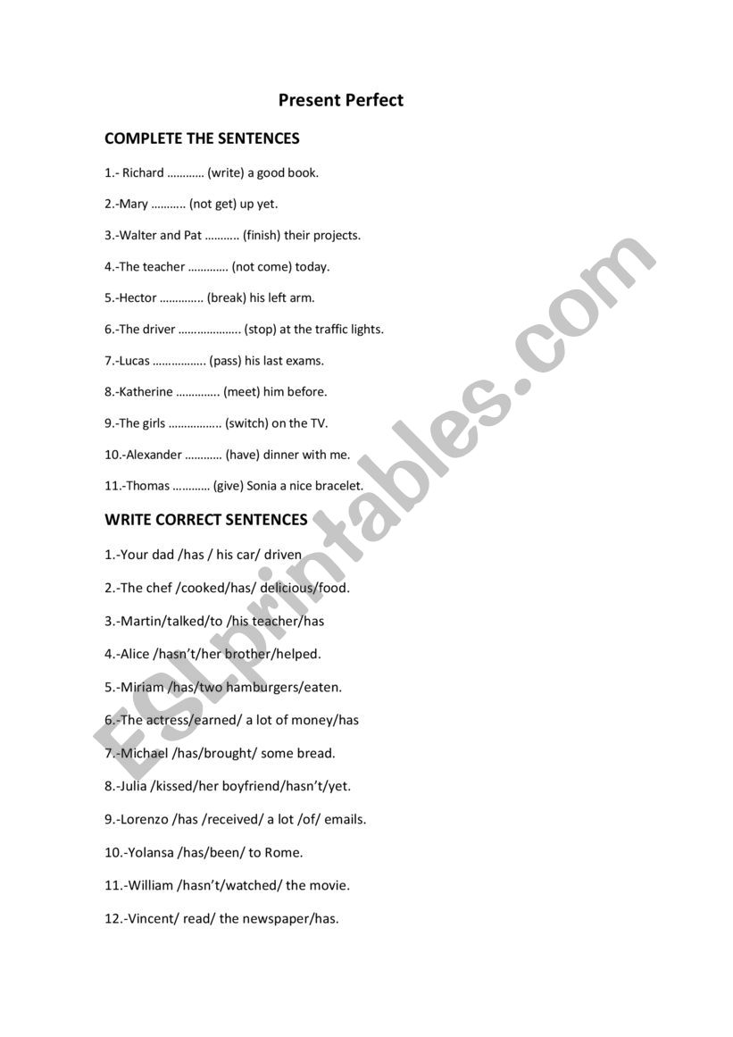 present perfect worksheet