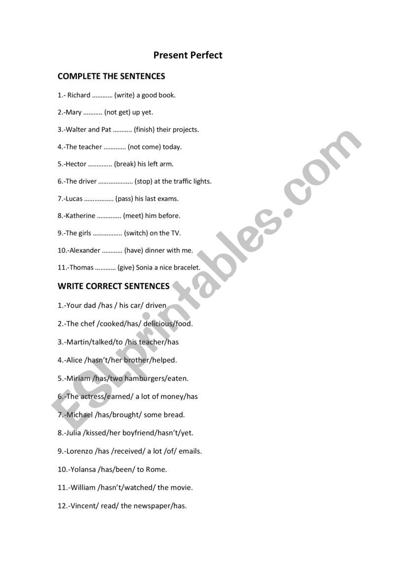 present perfect worksheet