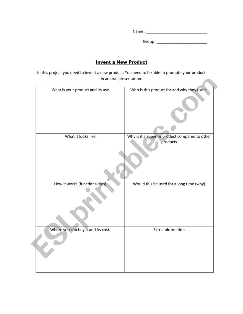Invent a product worksheet