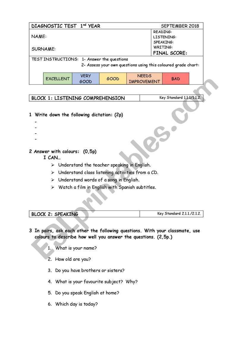 DIAGNOSTIC TEST YEAR 1ESO worksheet