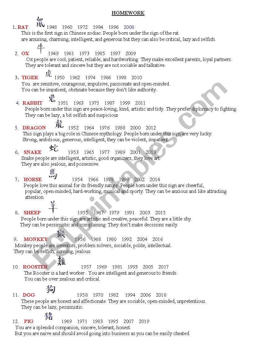 Chinese horoscopes worksheet