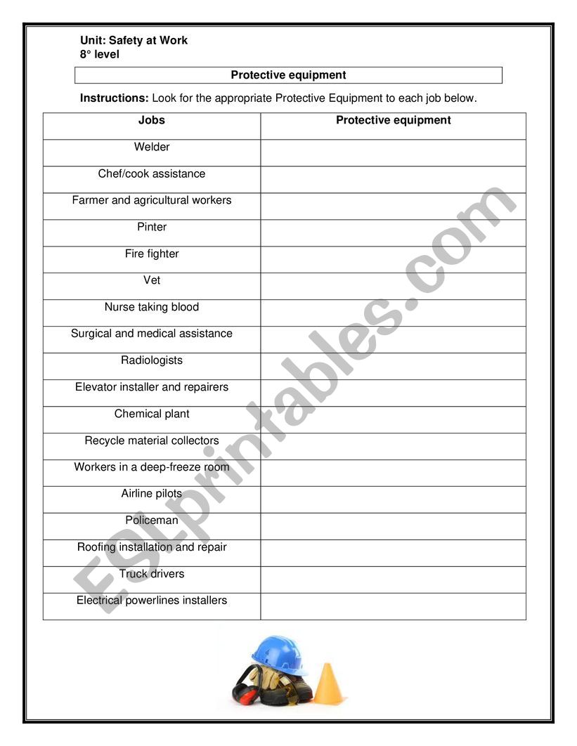 Safety at work worksheet