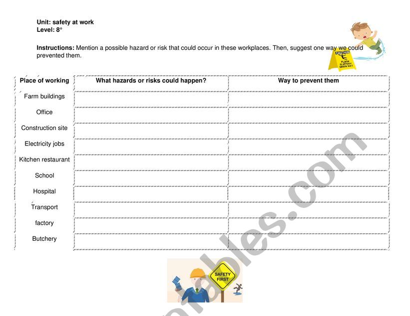 Safety at work worksheet